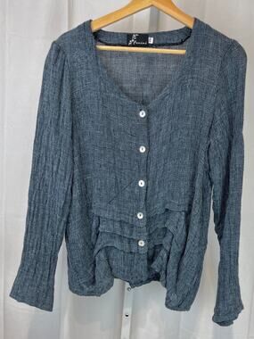 FENINI Button Up Linen Top Long Sleeve Scoop Neck Front Pleat Blue Size XS